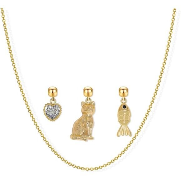 🐾 Charming Cat Pendant Necklace – Gold or Silver Tone | Kitty + Crystal Heart - Picture 2 of 5